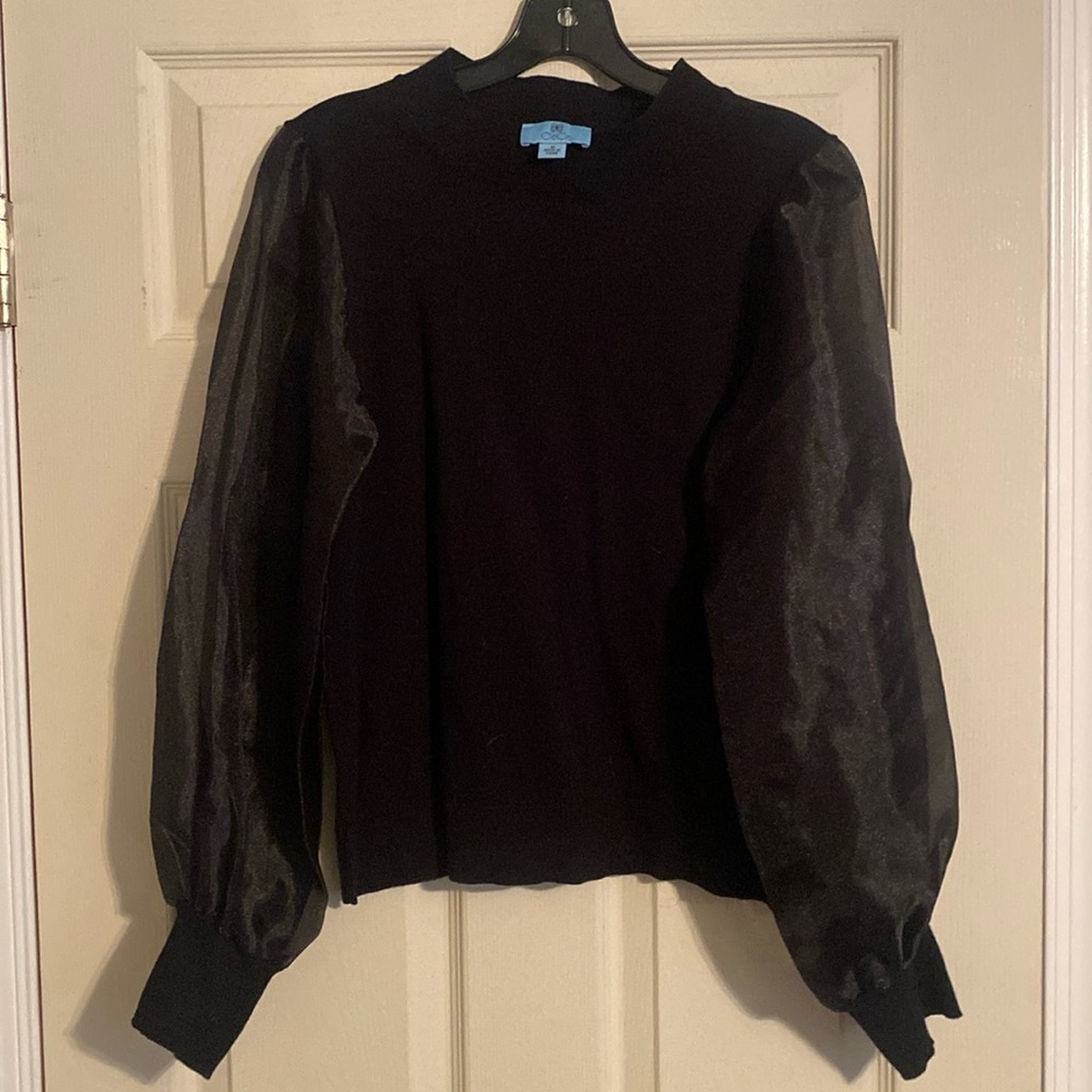 Women’s black cotton sweater with sheer sleeves